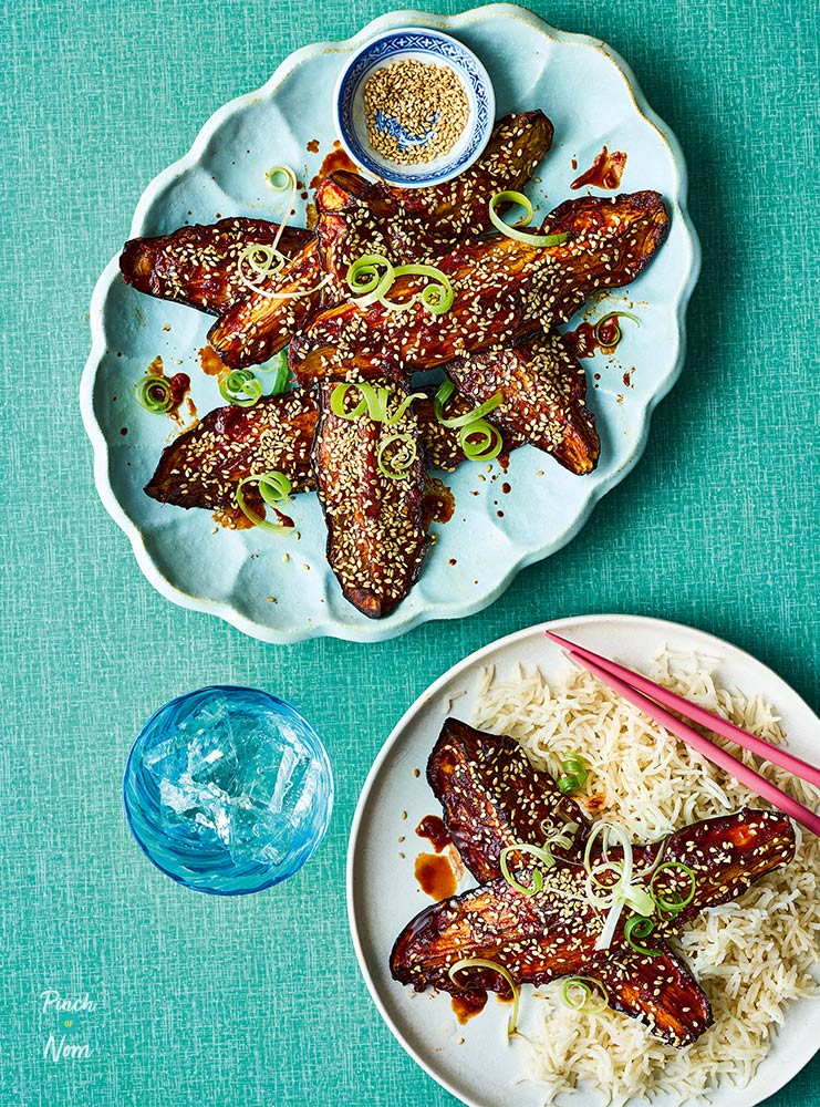 Air Fryer Sticky Teriyaki Aubergine - Pinch of Nom Slimming Recipes