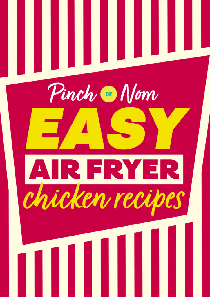 The words 'Easy Air Fryer Chicken Recipes' appear on a red and white striped background that resembles a box of popcorn chicken.