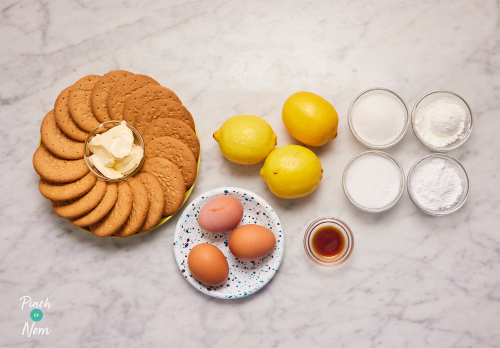 The ingredients for Pinch of Nom's Lemon Meringue Pie are laid out on a kitchen counter, ready to bake.