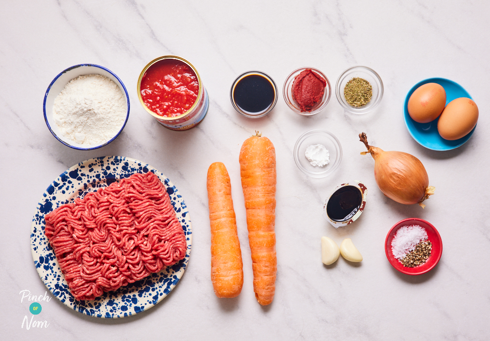 The raw ingredients for Pinch of Nom's Mince and Dumplings are laid out on a kitchen counter.