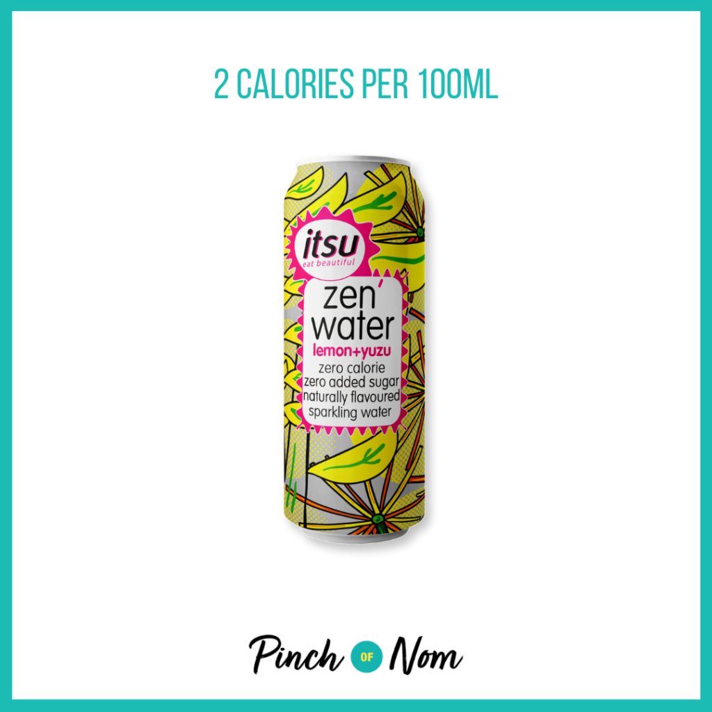 Itsu Lemon & Yuzu Zen Water featured in Pinch of Nom's Weekly Pinch of Shopping with the calorie count printed above (2 calories per 100ml).
