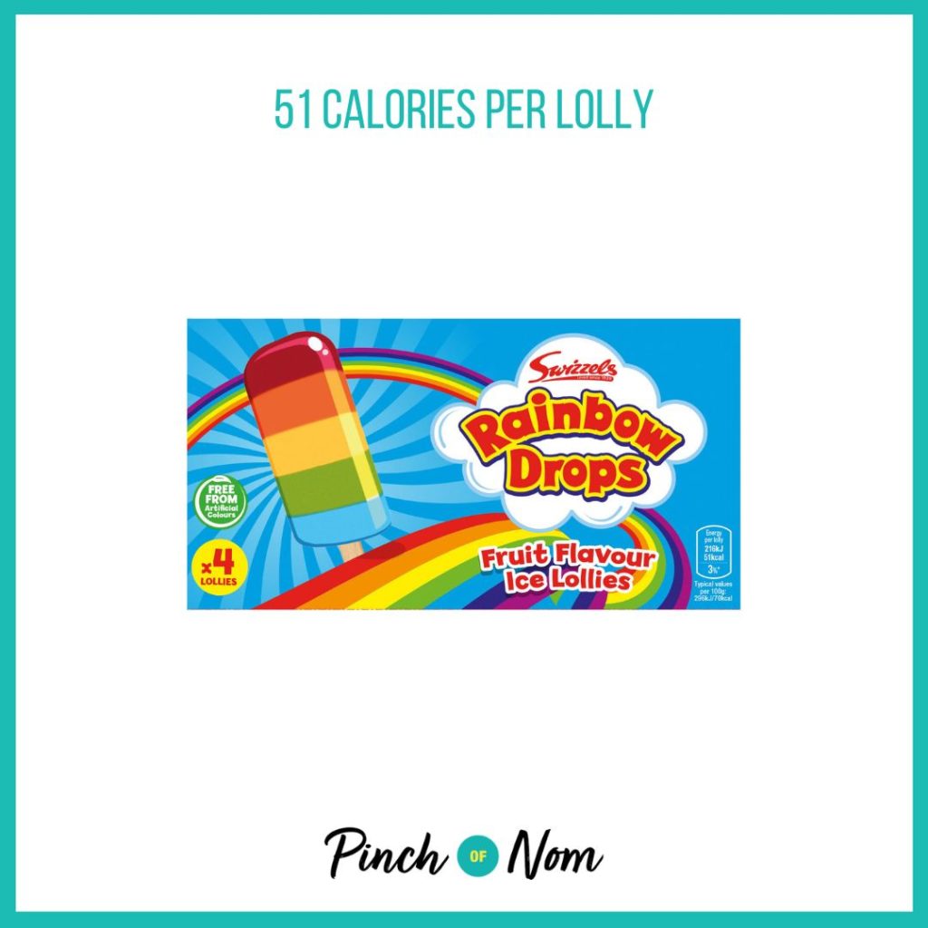 Swizzels Rainbow Drops Fruit Flavour Ice Lollies featured in Pinch of Nom's Weekly Pinch of Shopping with the calorie count printed above (51 calories per lolly).