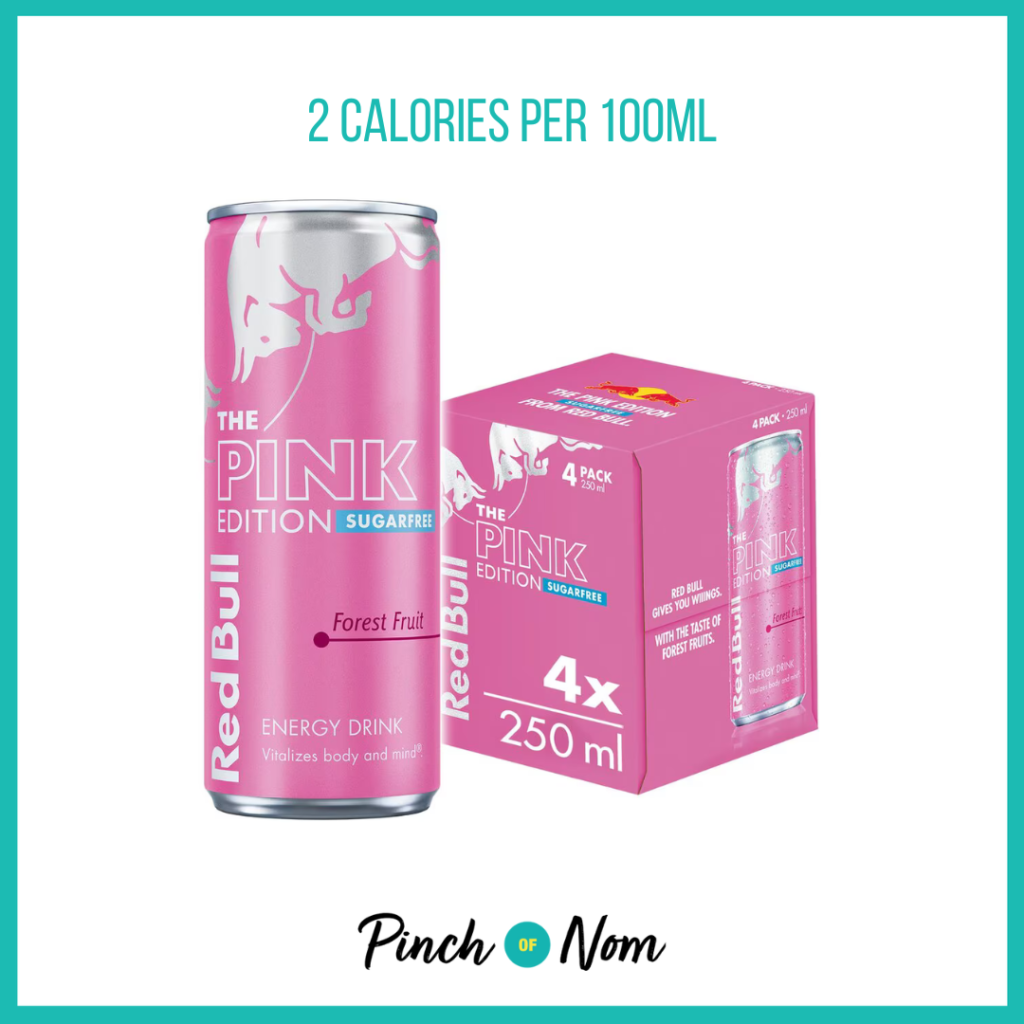 Red Bull Sugar Free The Pink Edition Forest Fruits Energy Drink featured in Pinch of Nom's Weekly Pinch of Shopping with the calorie count printed above (2 calories per 100ml).