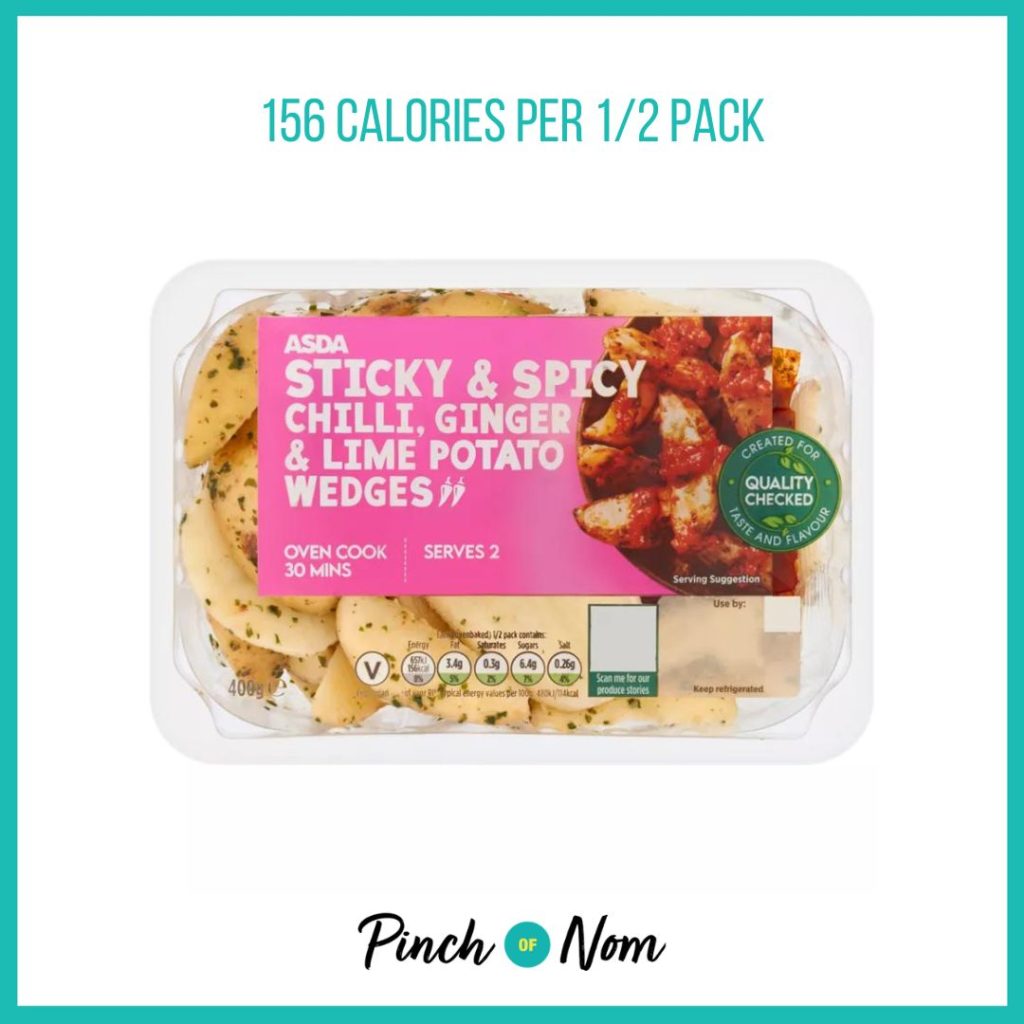 ASDA Sticky & Spicy Chilli, Ginger & Lime Potato Wedges featured in Pinch of Nom's Weekly Pinch of Shopping with the calorie count printed above (156 calories per 1/2 pack)