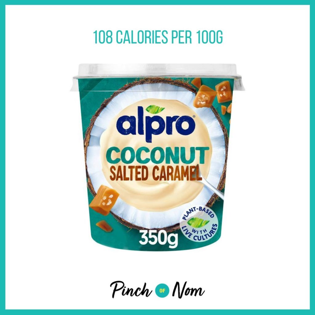 Alpro Coconut Salted Caramel Dairy Free Yoghurt Alternative featured in Pinch of Nom's Weekly Pinch of Shopping with the calorie count printed above (108 calories per 100g).