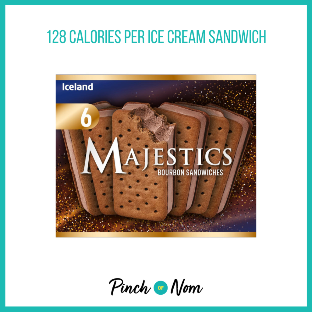 Iceland Majestics Bourbon Sandwich featured in Pinch of Nom's Weekly Pinch of Shopping with the calorie count printed above (128 calories per ice cream sandwich).