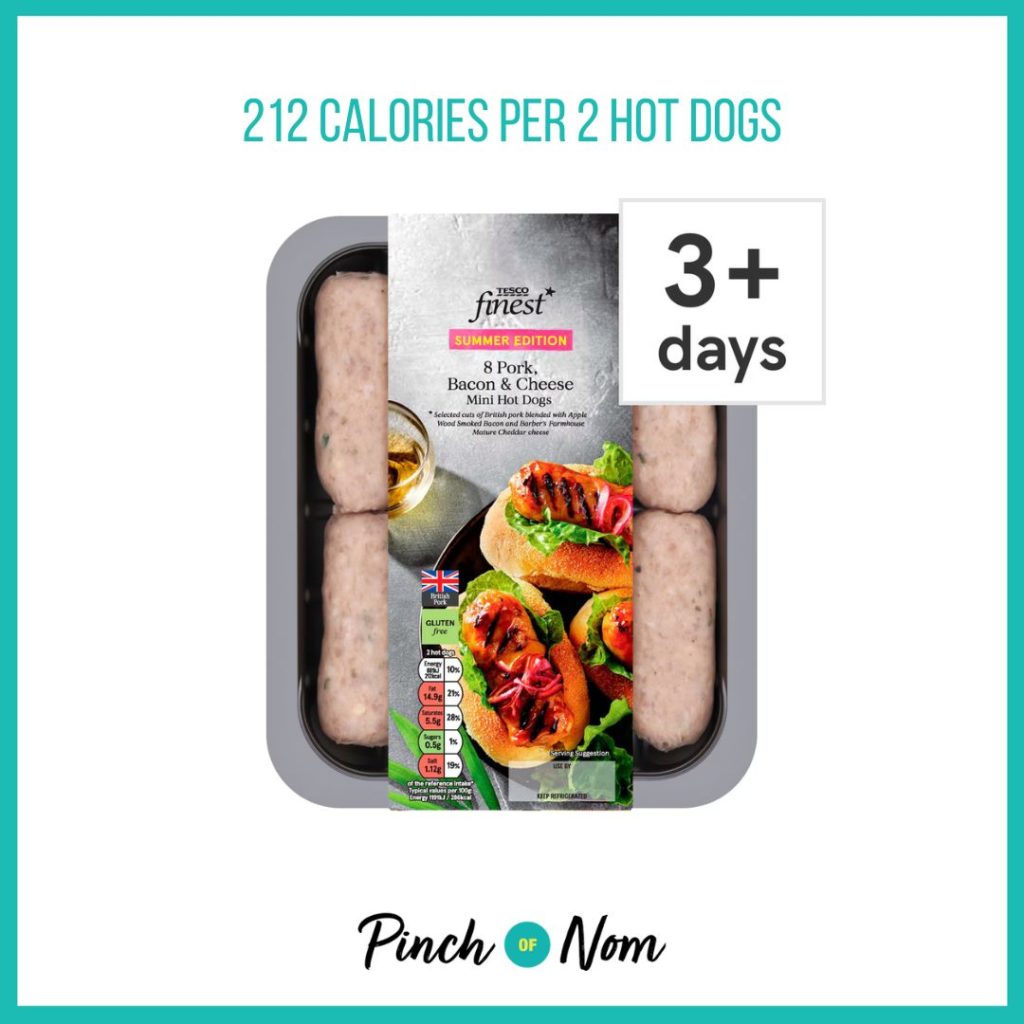 Tesco Finest Pork, Bacon & Cheese Mini Hot Dogs featured in Pinch of Nom's Weekly Pinch of Shopping with the calorie count printed above (212 calories per 2 hot dogs)