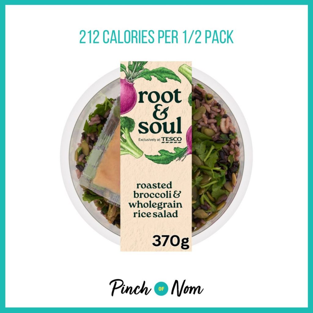 Root & Soul Roasted Broccoli & Rice Layered Salad featured in Pinch of Nom's Weekly Pinch of Shopping with the calorie count printed above (212 calories per 1/2 pack)