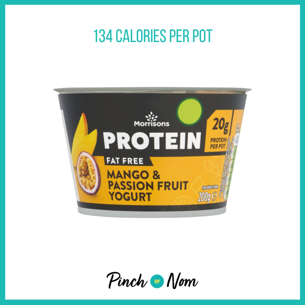 Morrisons Mango, Passion Fruit & Papaya Protein Yoghurt featured in Pinch of Nom's Weekly Pinch of Shopping with the calorie count printed above (134 calories per pot).