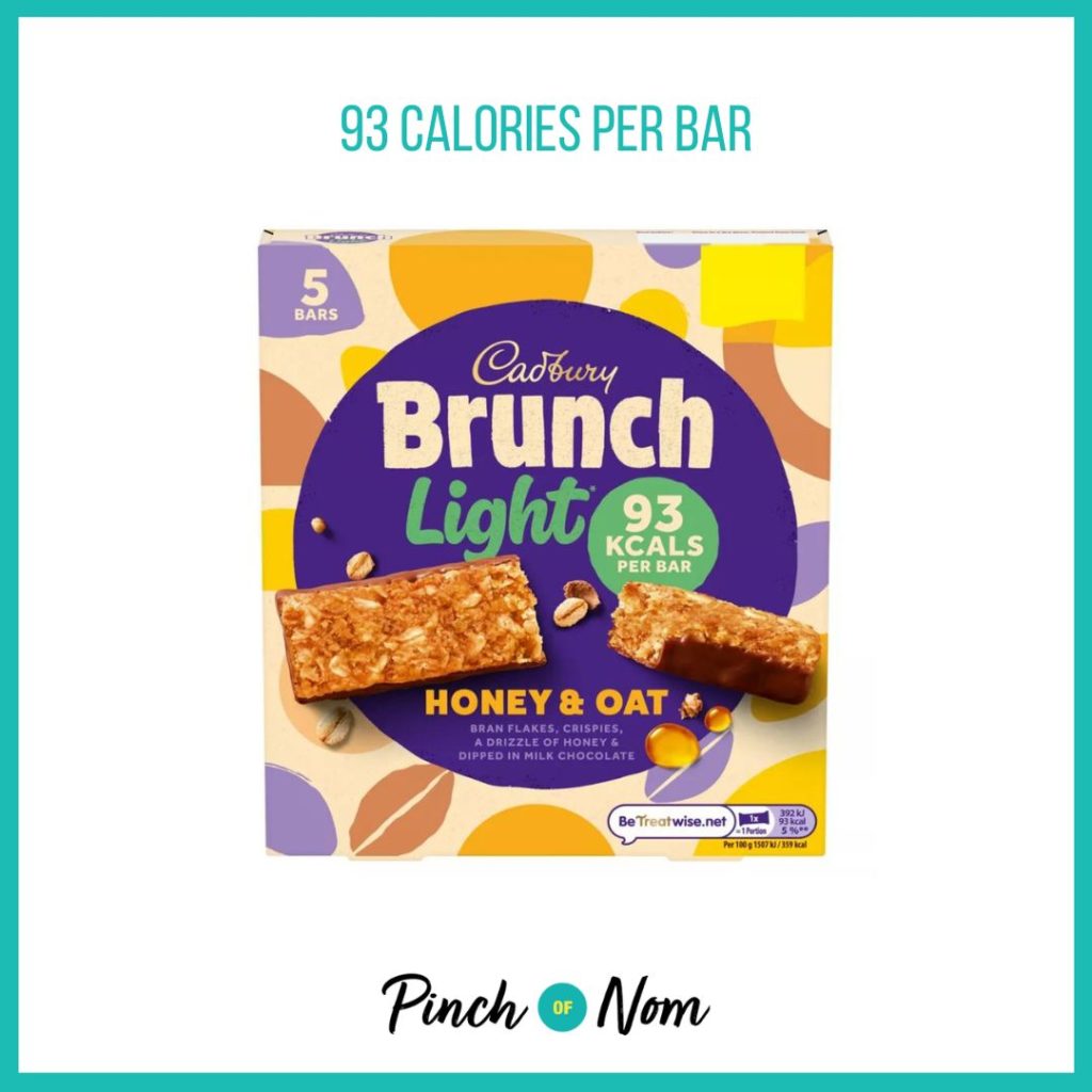 Cadbury Brunch Light Honey & Oat featured in Pinch of Nom's Weekly Pinch of Shopping with the calorie count printed above (93 calories per bar).