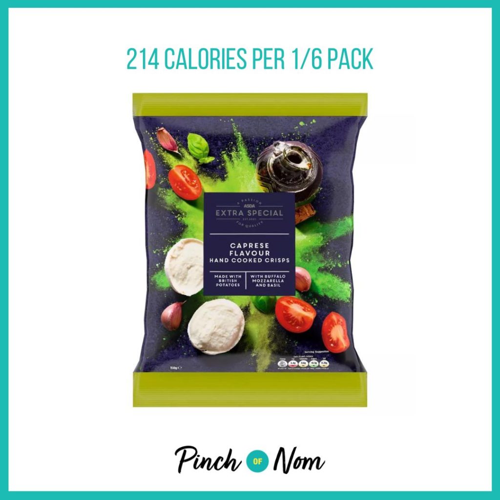 ASDA Extra Special Caprese Flavour Hand Cooked Crisps featured in Pinch of Nom's Weekly Pinch of Shopping with the calorie count printed above (214 calories per 1/6 pack)