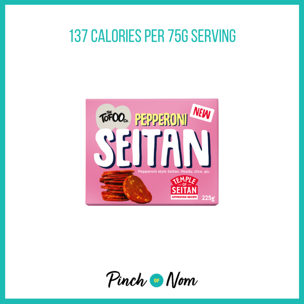 The Tofoo Co. Pepperoni Seitan featured in Pinch of Nom's Weekly Pinch of Shopping with the calorie count printed above (137 calories per 75g serving).