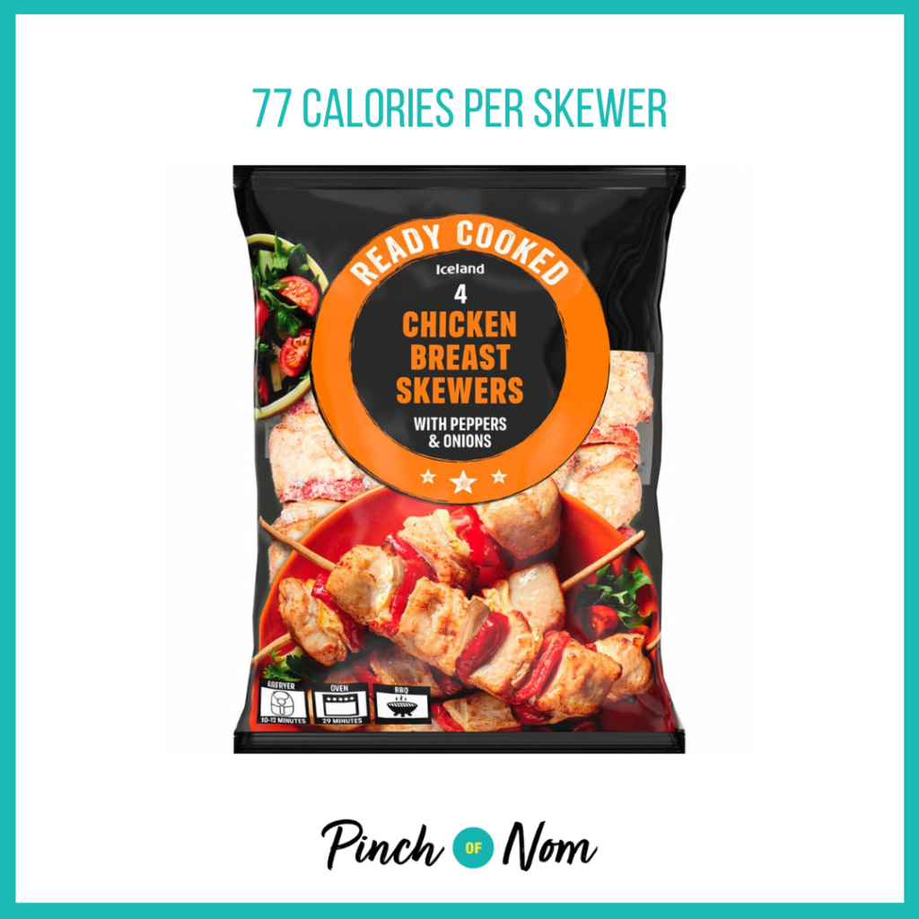 Iceland Chicken Breast Skewers with Peppers & Onions featured in Pinch of Nom's Weekly Pinch of Shopping with the calorie count printed above (77 calories per skewer).