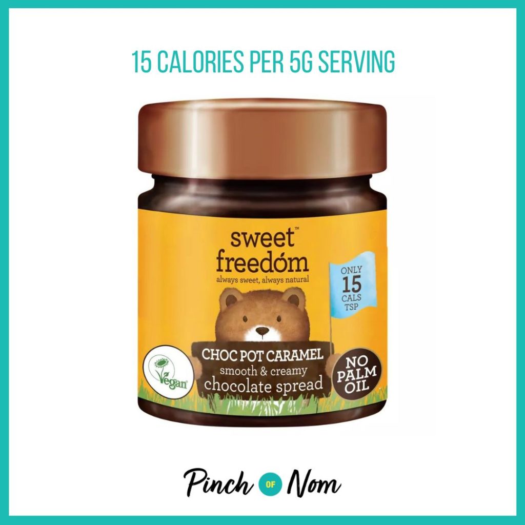 Sweet Freedom Choc Pot Caramel Smooth & Creamy Chocolate Spread featured in Pinch of Nom's Weekly Pinch of Shopping with the calorie count printed above (15 calories per 5g serving)