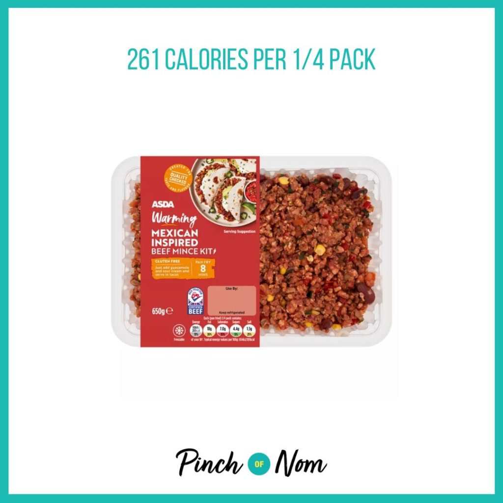 ASDA Mexican-Inspired Beef Mince Kit featured in Pinch of Nom's Weekly Pinch of Shopping with the calorie count printed above (261 calories per 1/4 pack).
