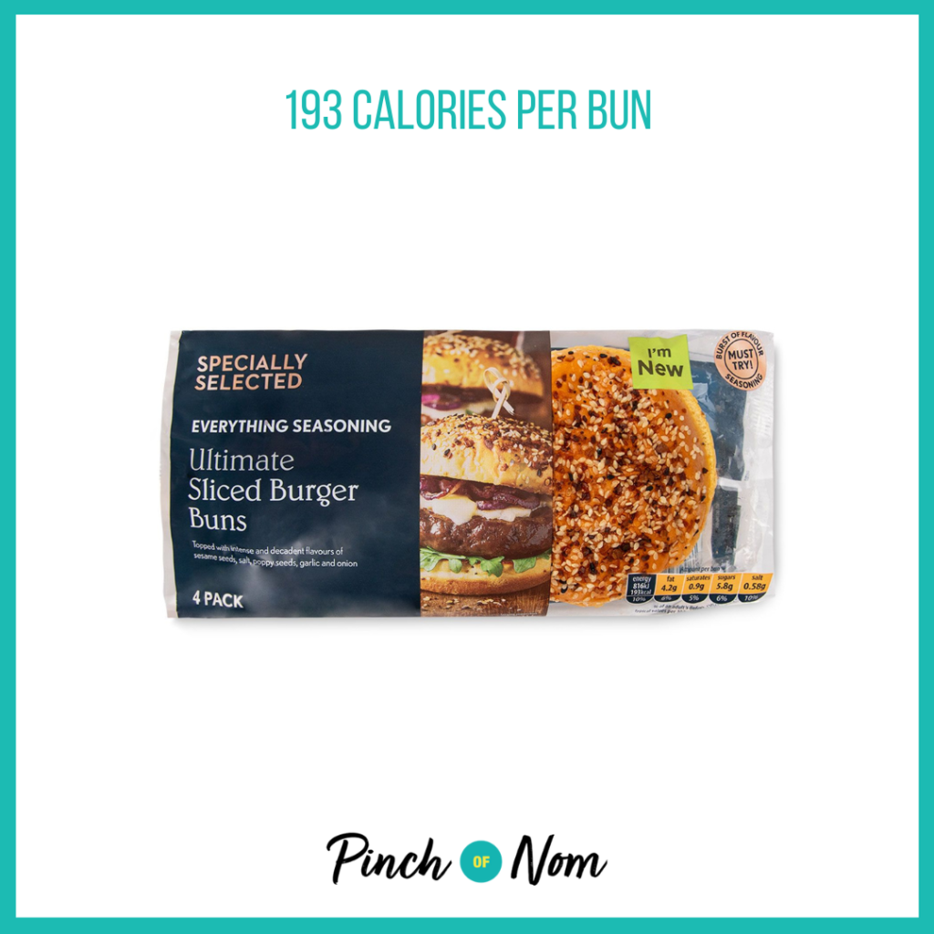 Specially Selected Everything Seasoning Ultimate Sliced Burger Buns featured in Pinch of Nom's Weekly Pinch of Shopping with the calorie count printed above (193 calories per bun).