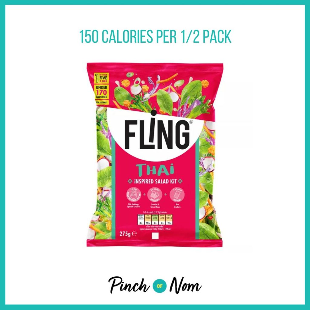 Fling Thai-Inspired Salad Kit featured in Pinch of Nom's Weekly Pinch of Shopping with the calorie count printed above (150 calories per 1/2 pack)