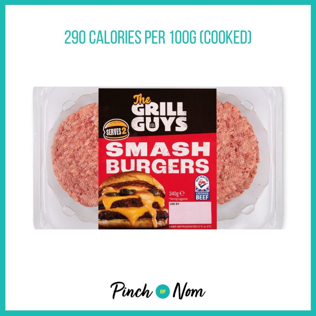 The Grill Guys British Beef Smashed Burgers featured in Pinch of Nom's Weekly Pinch of Shopping with the calorie count printed above (290 calories per 100g cooked)