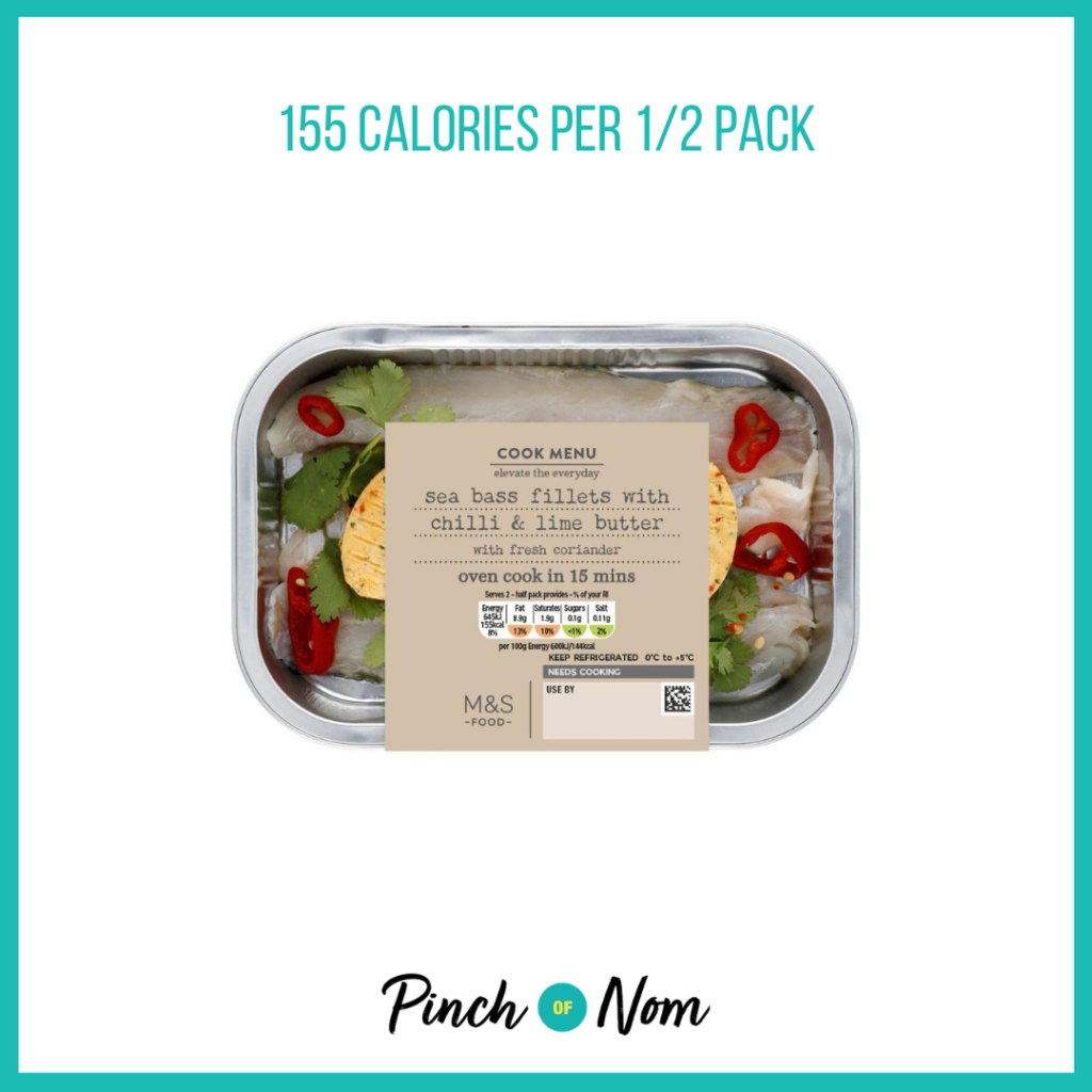 M&S Cook Menu Chilli, Lime & Coriander Seabass Fillets featured in Pinch of Nom's Weekly Pinch of Shopping with the calorie count printed above (156 calories per 1/2 pack).