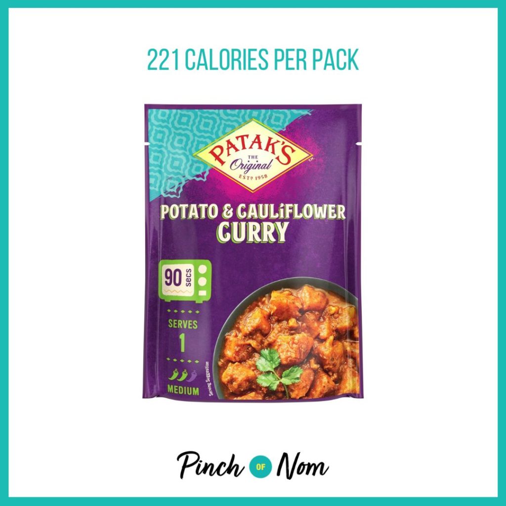 Patak's Meals In Minutes Potato & Cauliflower Curry featured in Pinch of Nom's Weekly Pinch of Shopping with the calorie count printed above (221 calories per pack)