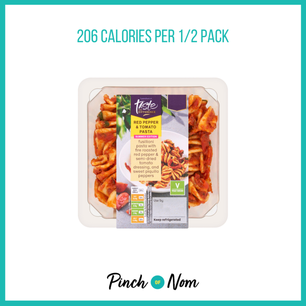 Sainsbury's Tomato, Pepper & Chilli Pasta, Taste the Difference featured in Pinch of Nom's Weekly Pinch of Shopping with the calorie count printed above (206 calories per 1/2 pack).