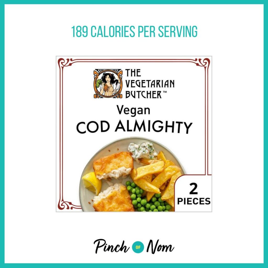 The Vegetarian Butcher Battered Fish Fillet Alternative Cod Almighty featured in Pinch of Nom's Weekly Pinch of Shopping with the calorie count printed above (189 calories per serving).