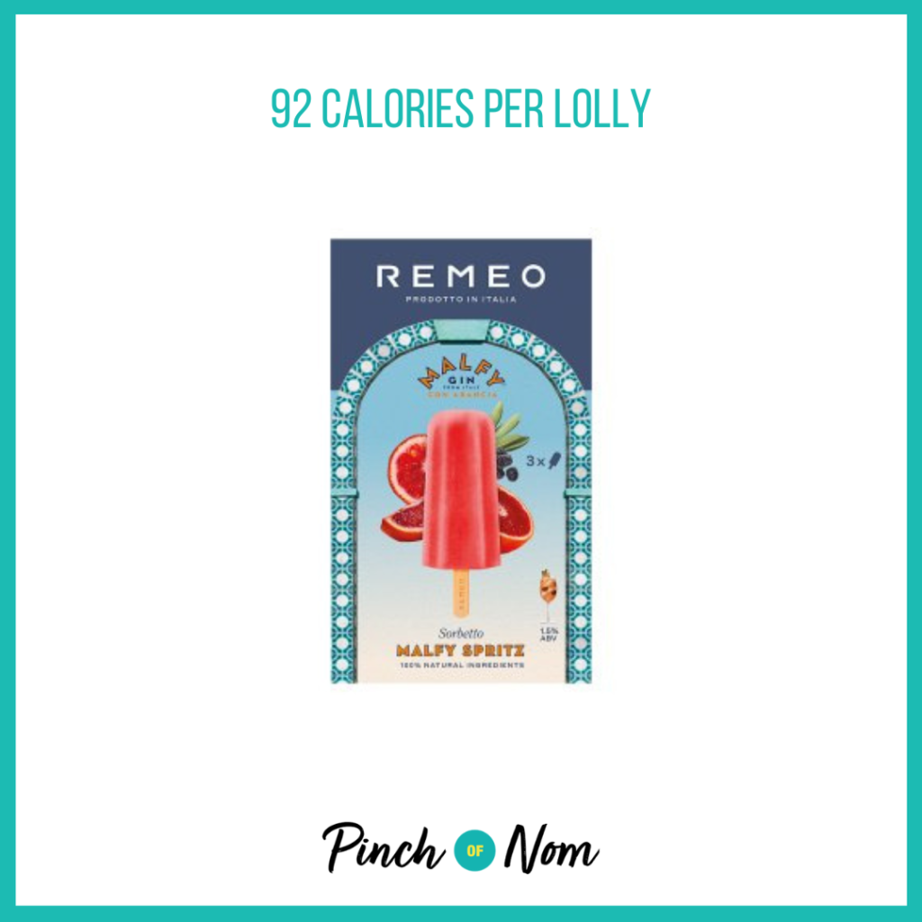 Remeo Malfy Gin Spritz Lollies featured in Pinch of Nom's Weekly Pinch of Shopping with the calorie count printed above (92 calories per lolly).