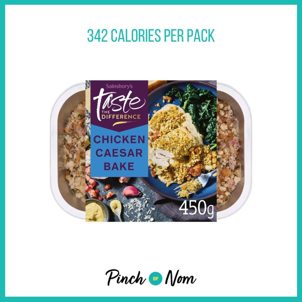 Sainsbury's Chicken Caesar Bake with a Crunchy Bacon Crumb featured in Pinch of Nom's Weekly Pinch of Shopping with the calorie count printed above (342 calories per pack)