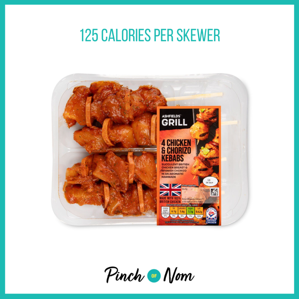 Ashfields Chicken & Chorizo Kebabs featured in Pinch of Nom's Weekly Pinch of Shopping with the calorie count printed above (125 calories per skewer).