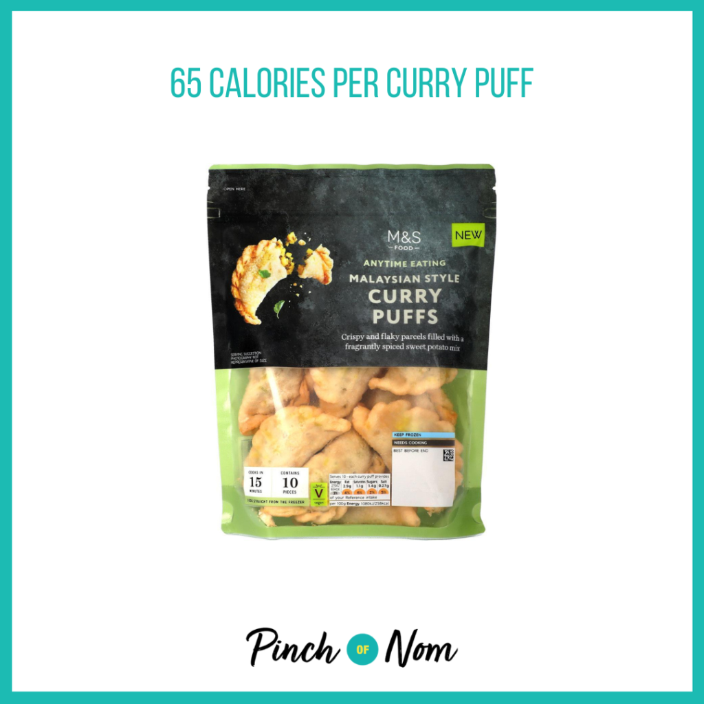M&S Malaysian Style Curry Puffs Frozen featured in Pinch of Nom's Weekly Pinch of Shopping with the calorie count printed above (65 calories per curry puff).