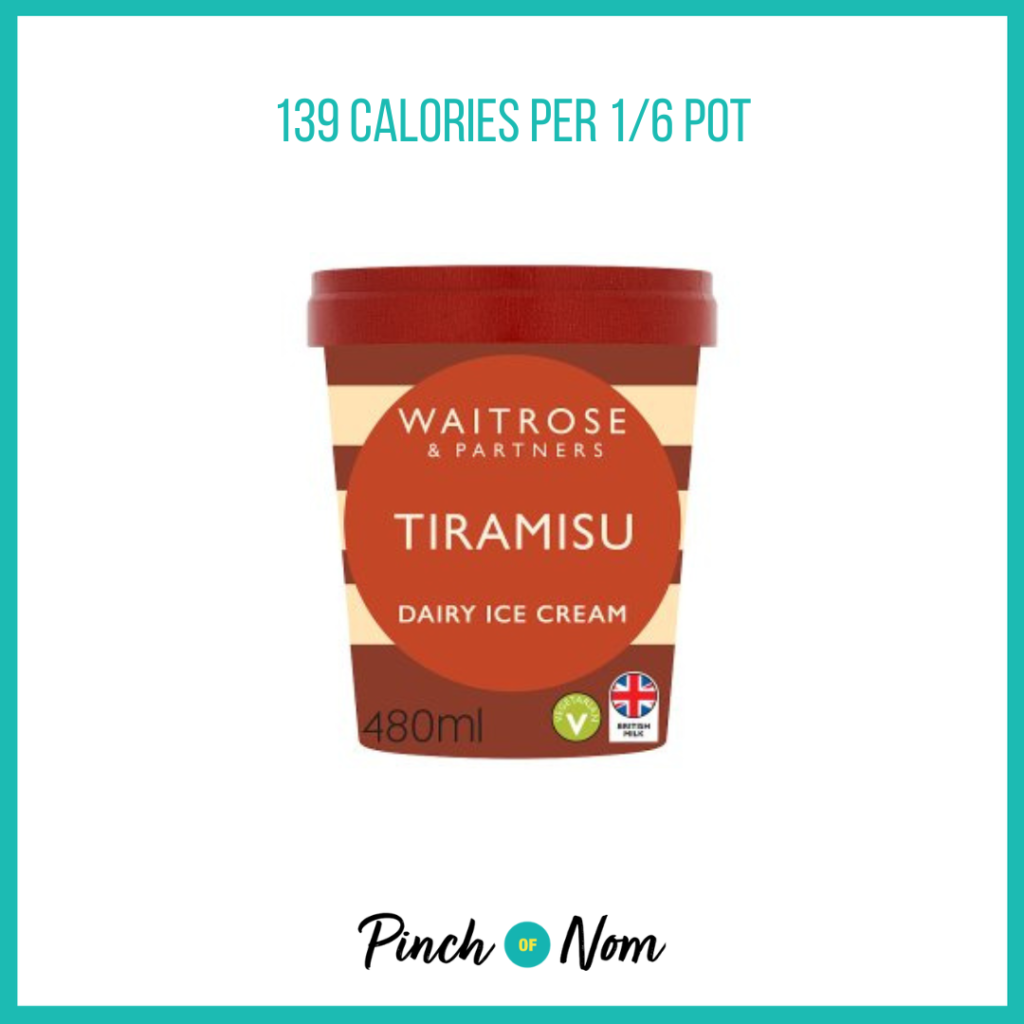Waitrose Tiramisu Ice Cream featured in Pinch of Nom's Weekly Pinch of Shopping with the calorie count printed above (139 calories per 1/6 pot).
