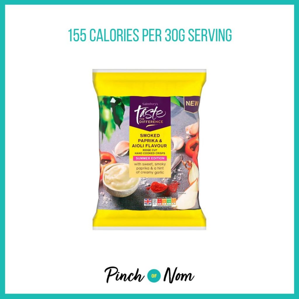 Sainsbury's Smoked Paprika & Aioli Flavour featured in Pinch of Nom's Weekly Pinch of Shopping with the calorie count printed above (155 calories per 30g serving).