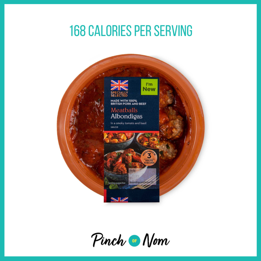 Specially Selected Meatballs Albondigas featured in Pinch of Nom's Weekly Pinch of Shopping with the calorie count printed above (168 calories per serving).