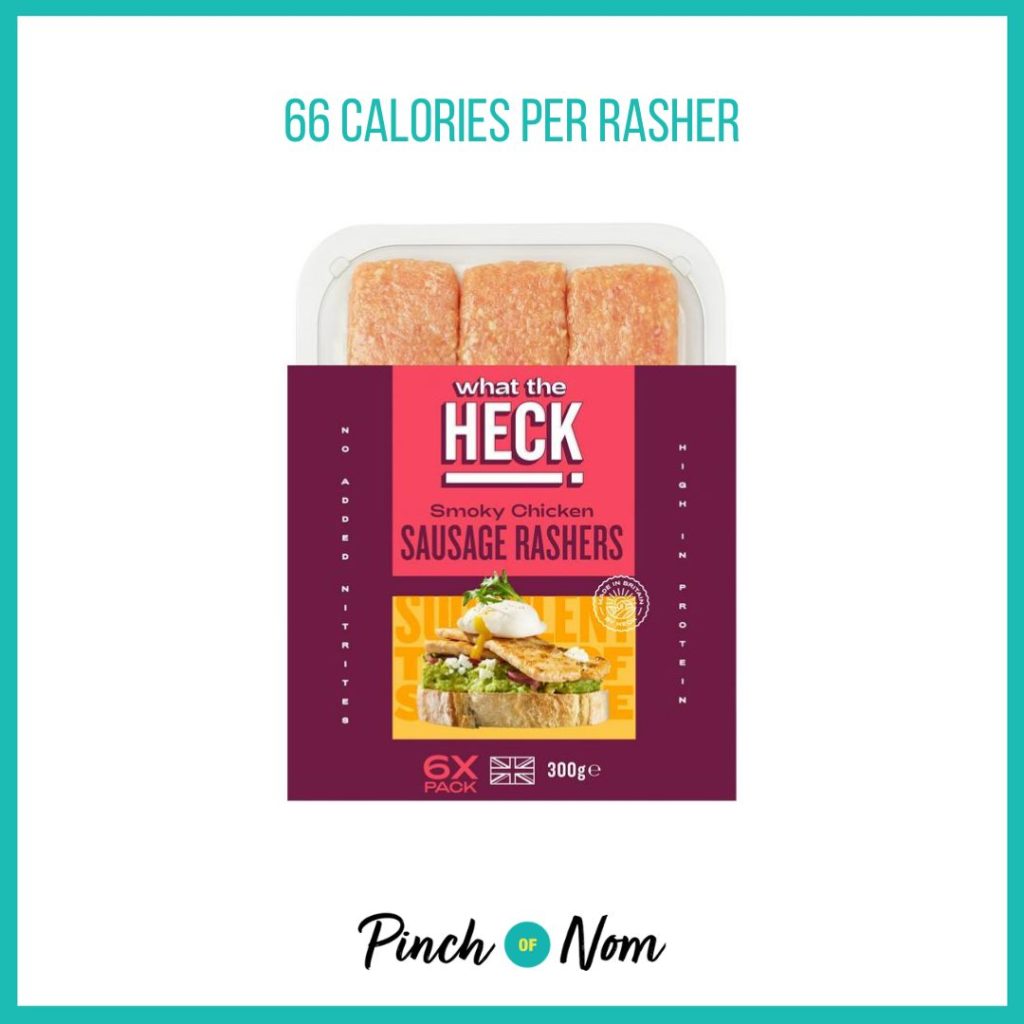 Heck Smoky Chicken Sausage Rashers featured in Pinch of Nom's Weekly Pinch of Shopping with the calorie count printed above (66 calories per rasher)