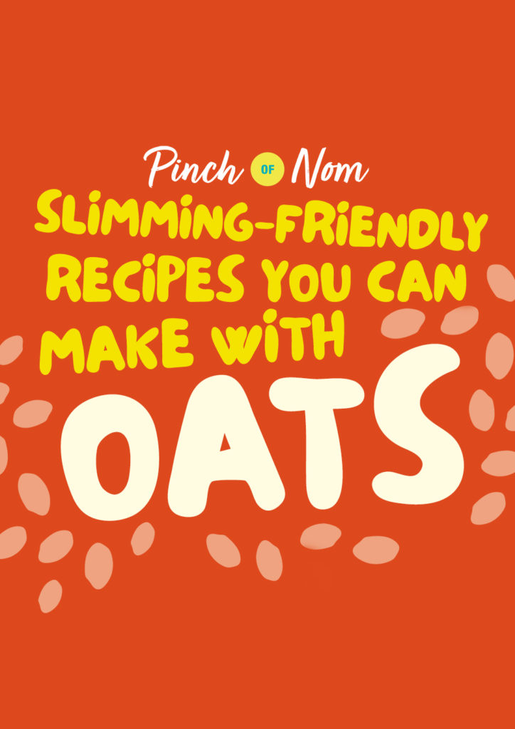 The words 'Slimming-friendly Recipes You Can Make With Oats' appear on a bright-orange background with grain shapes peppered all over.