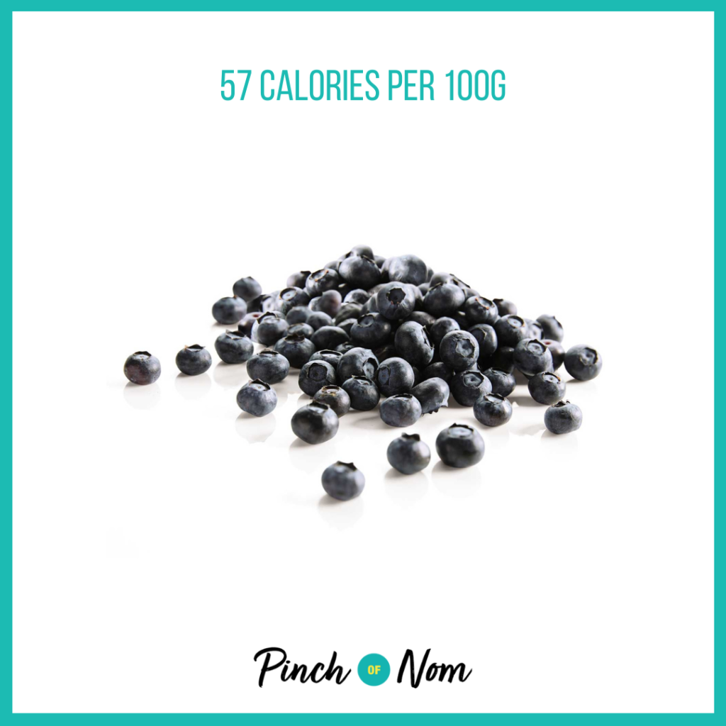 Blueberries from Aldi's Super 6 selection, featured in Pinch of Nom's Weekly Pinch of Shopping with calories above (57 calories per 100g).