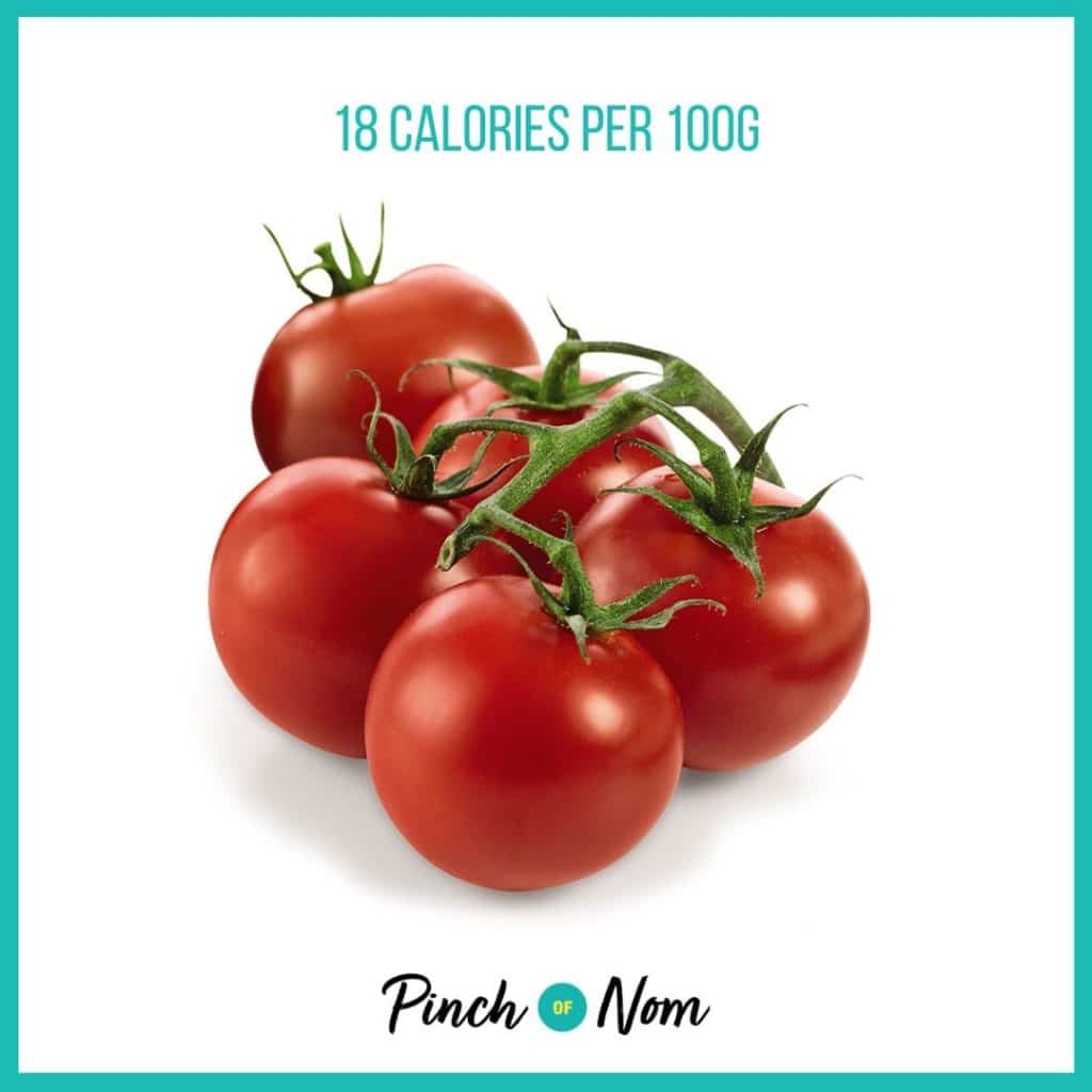 Vine Tomatoes from Aldi's Super 6 selection, featured in Pinch of Nom's Weekly Pinch of Shopping with calories above (18 calories per 100g).