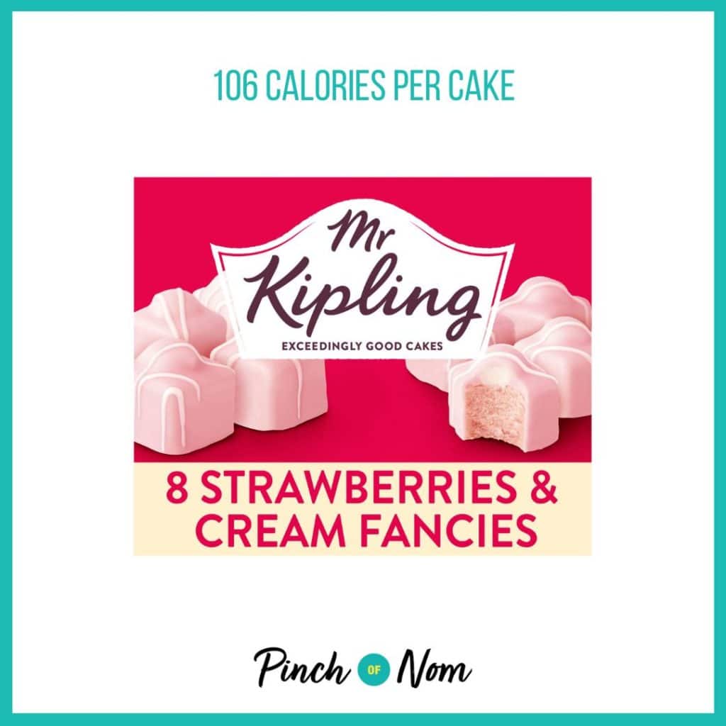 Mr Kipling Strawberries & Cream French Fancies Cakes featured in Pinch of Nom's Weekly Pinch of Shopping with the calorie count printed above (106 calories per cake)