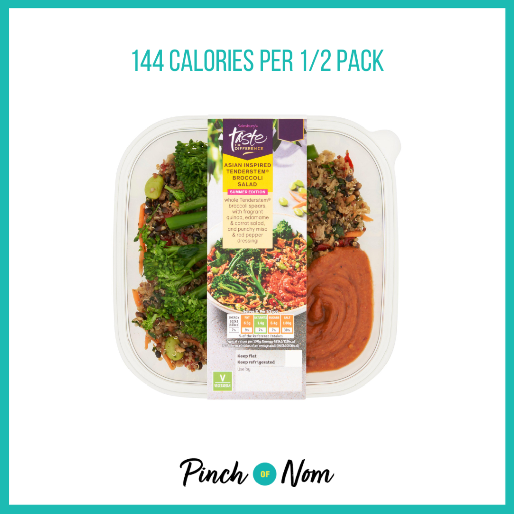 Sainsbury's Asian Inspired Tenderstem Broccoli Salad Summer Edition, Taste the Difference featured in Pinch of Nom's Weekly Pinch of Shopping with the calorie count printed above (144 calories per 1/2 pack).