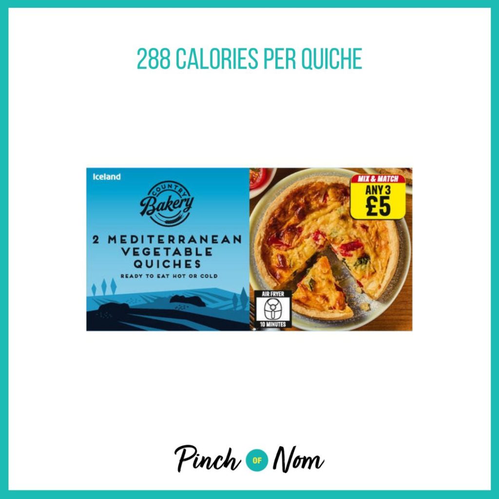 Iceland Mediterranean Vegetable Quiches featured in Pinch of Nom's Weekly Pinch of Shopping with the calorie count printed above (288 calories per quiche). 