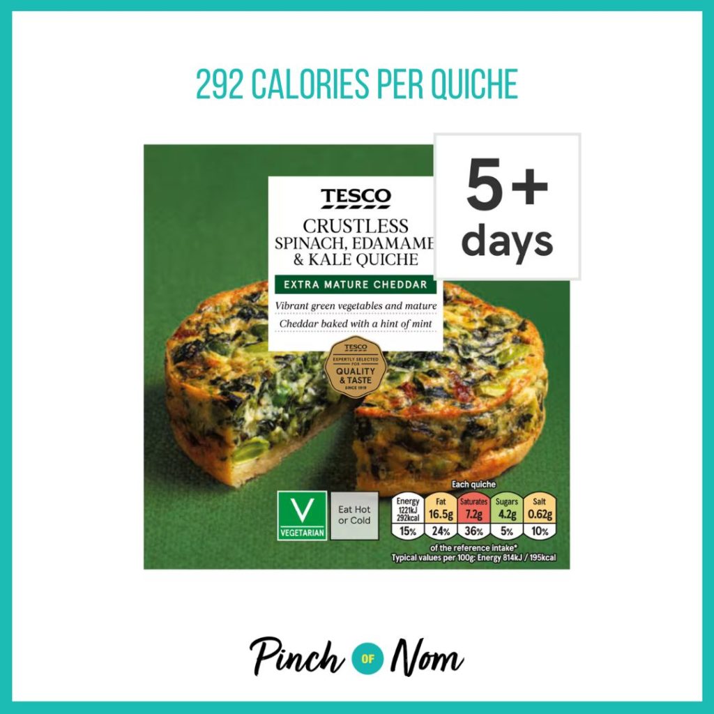 Tesco Crustless Spinach Edamame Kale Quiche featured in Pinch of Nom's Weekly Pinch of Shopping with the calorie count printed above (292 calories per quiche)