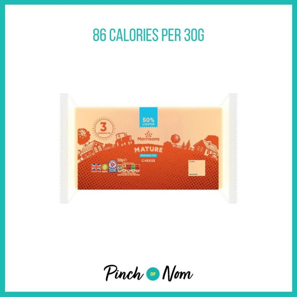 Morrisons 50% Lighter Mature White Cheddar featured in Pinch of Nom's Weekly Pinch of Shopping with the calorie count printed above (86 calories per 30g). 