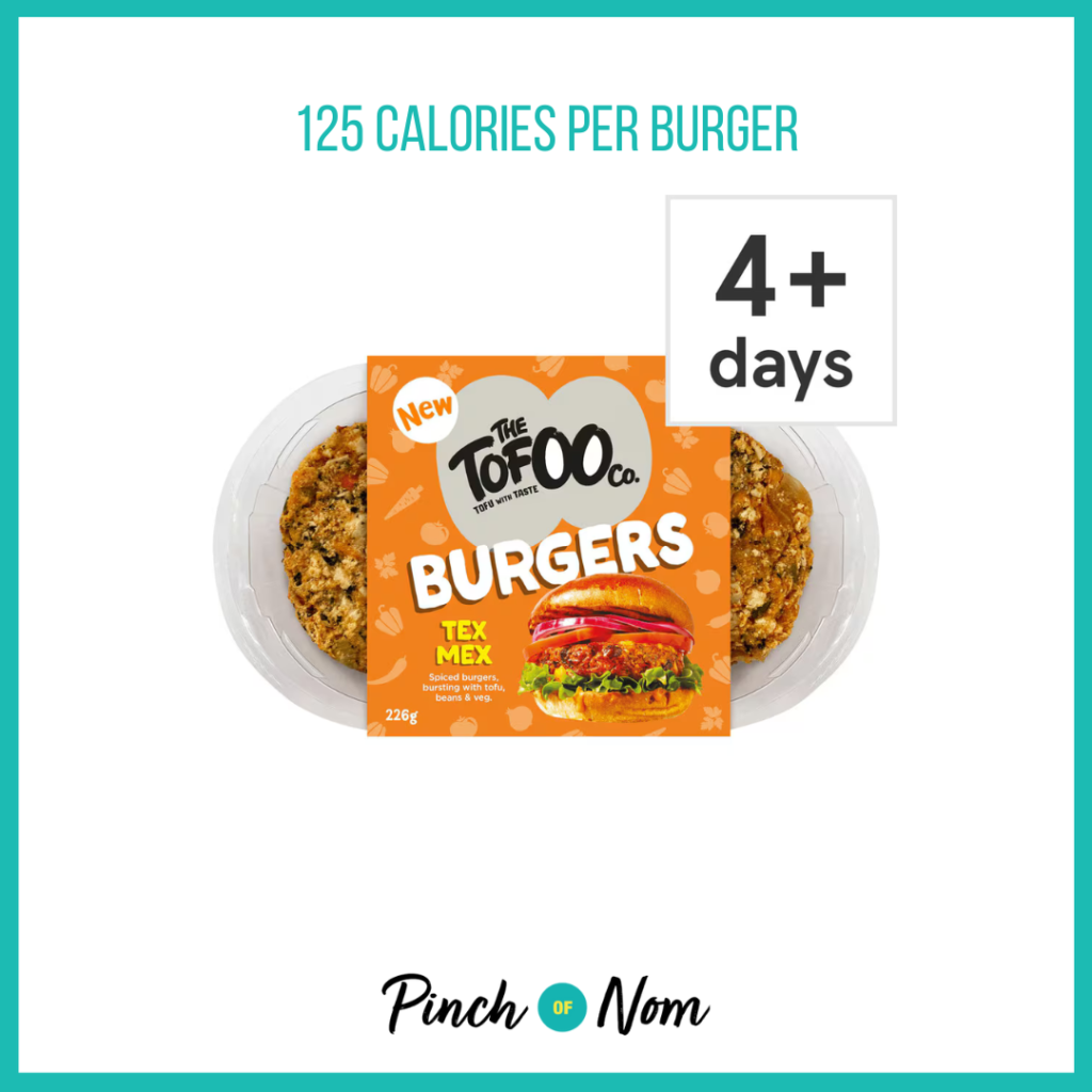 The Tofoo Co. Tex Mex Burgers featured in Pinch of Nom's Weekly Pinch of Shopping with the calorie count printed above (125 calories per burger).