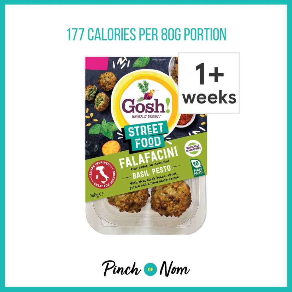 Gosh Falafacini with Basil Pesto featured in Pinch of Nom's Weekly Pinch of Shopping with the calorie count printed above (177 calories per 80g portion) 