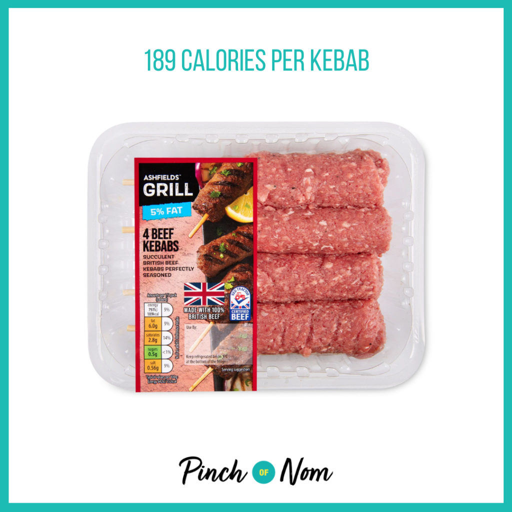 Ashfields Grill 5% Fat Beef Kebabs featured in Pinch of Nom's Weekly Pinch of Shopping with the calorie count printed above (189 calories per kebab).