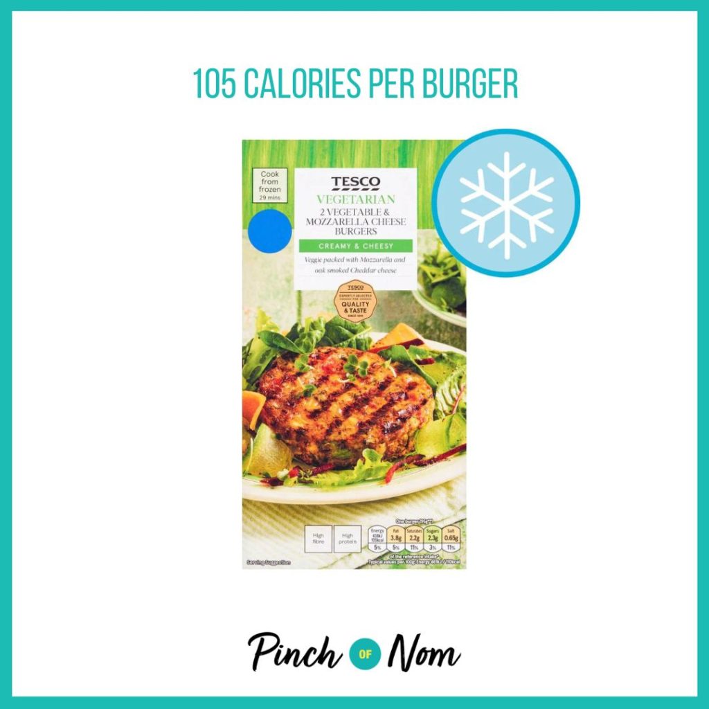 Tesco Vegetarian Vegetable and Mozzarella Burgers featured in Pinch of Nom's Weekly Pinch of Shopping with the calorie count printed above (105 calories per burger) 