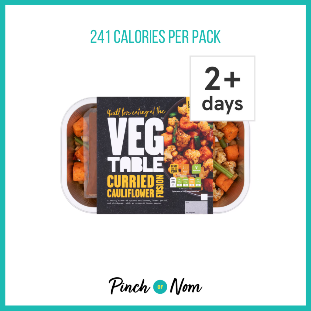 VEG TABLE Curried Cauliflower Meal featured in Pinch of Nom's Weekly Pinch of Shopping with the calorie count printed above (241 calories per pack).