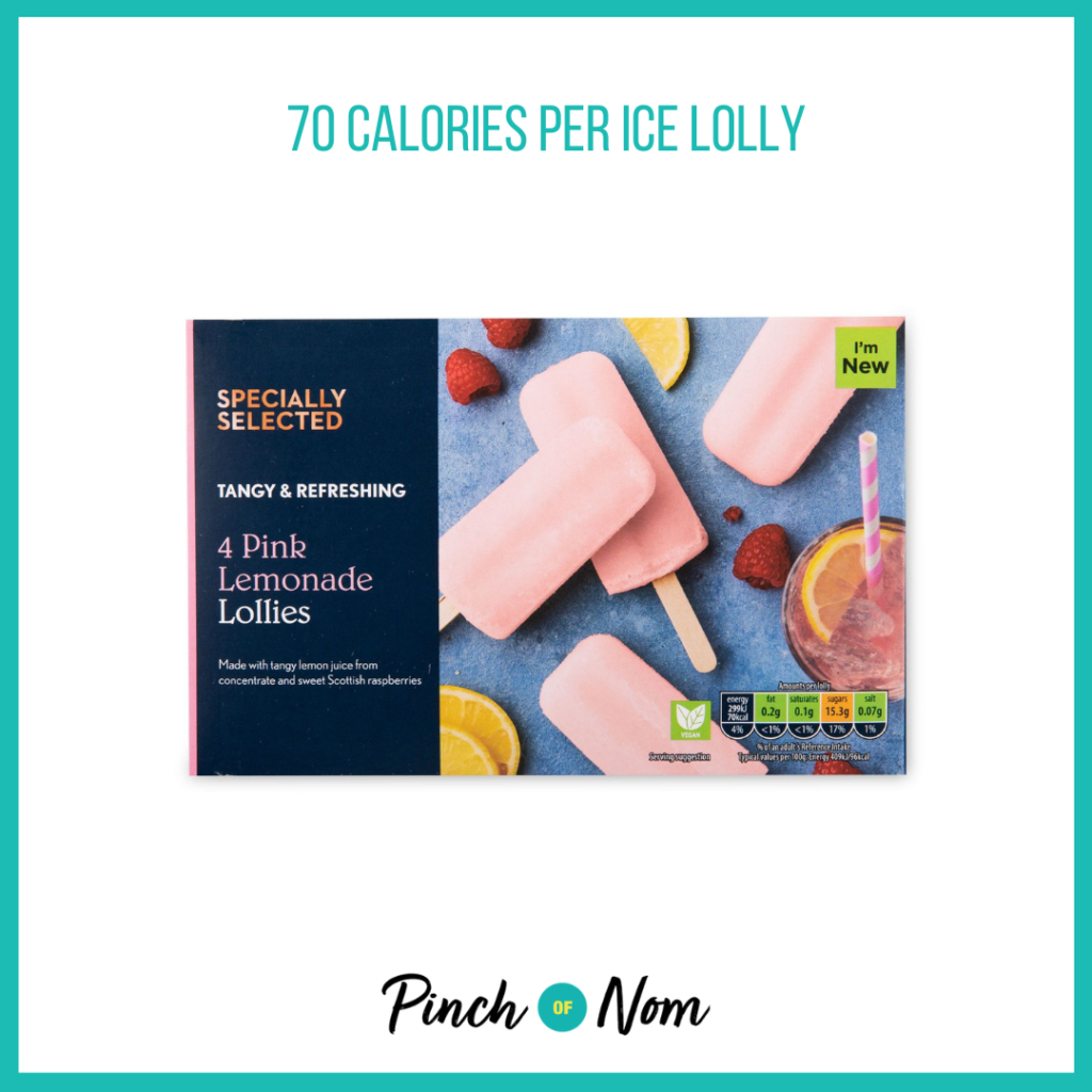 Specially Selected Pink Lemonade Lollies featured in Pinch of Nom's Weekly Pinch of Shopping with the calorie count printed above (70 calories per ice lolly).