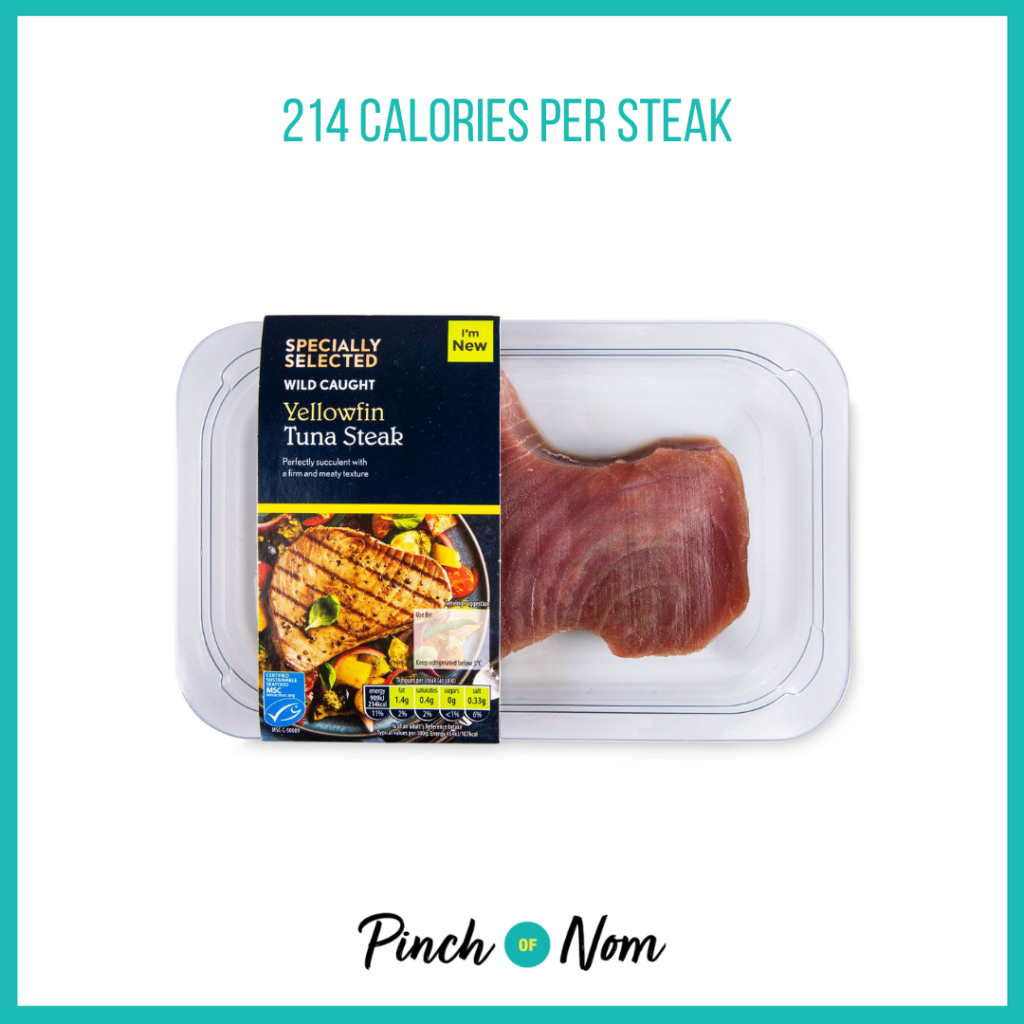 Specially Selected Wild Caught Yellowfin Tuna Steak featured in Pinch of Nom's Weekly Pinch of Shopping with the calorie count printed above (214 calories per steak).