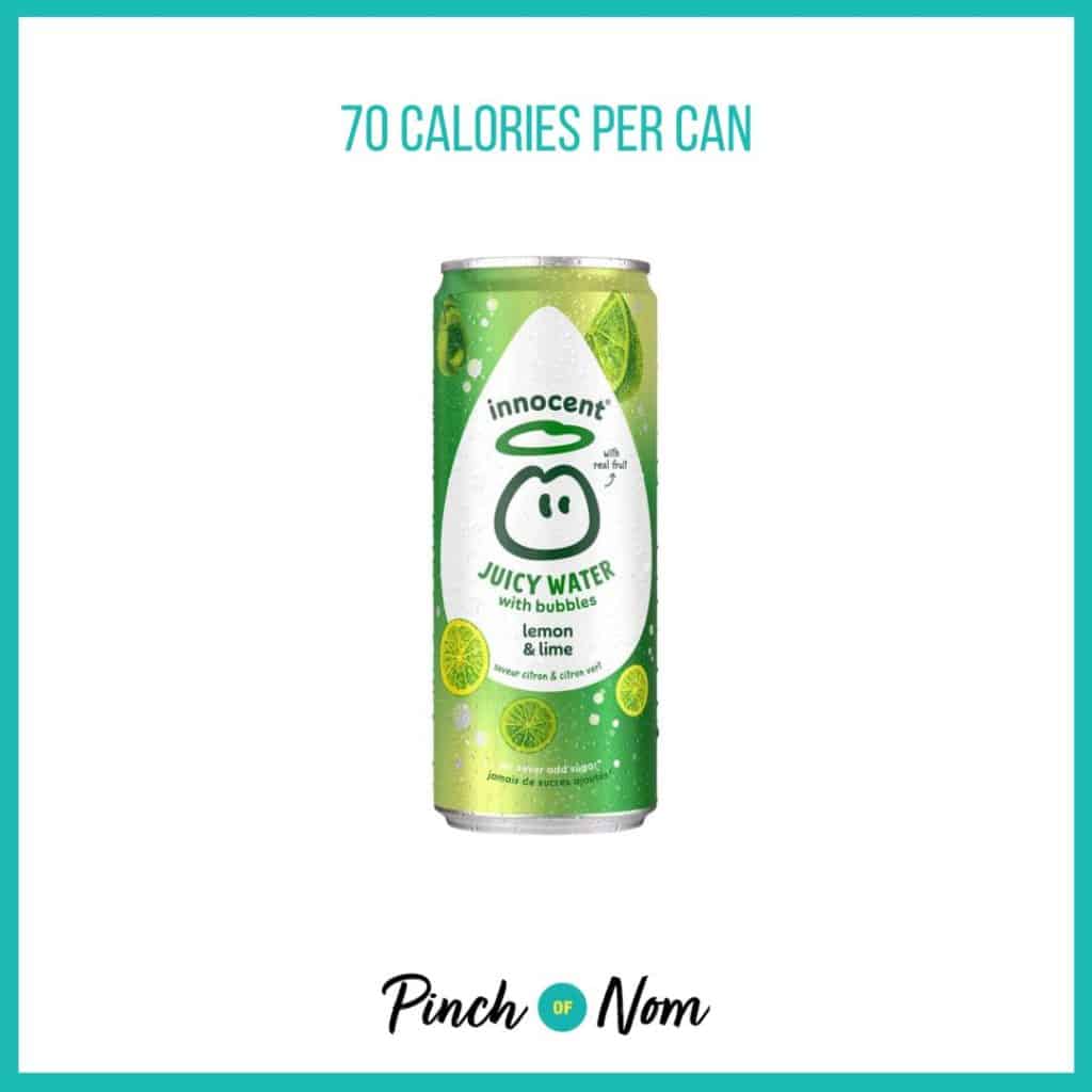 Innocent Juicy Water With Bubbles Lemon & Lime featured in Pinch of Nom's Weekly Pinch of Shopping with the calorie count printed above (70 calories per can)